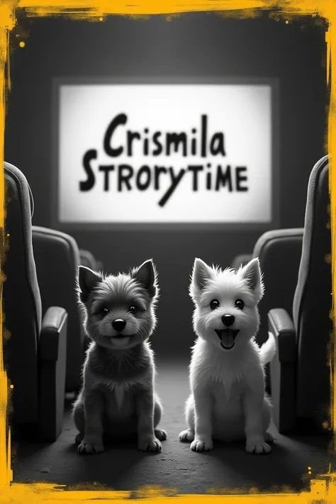 Two little dogs in a movie theater drawn in black and white, a brown dog and a white dog but with yellow borders, Let the screen say Crismila StroryTime"