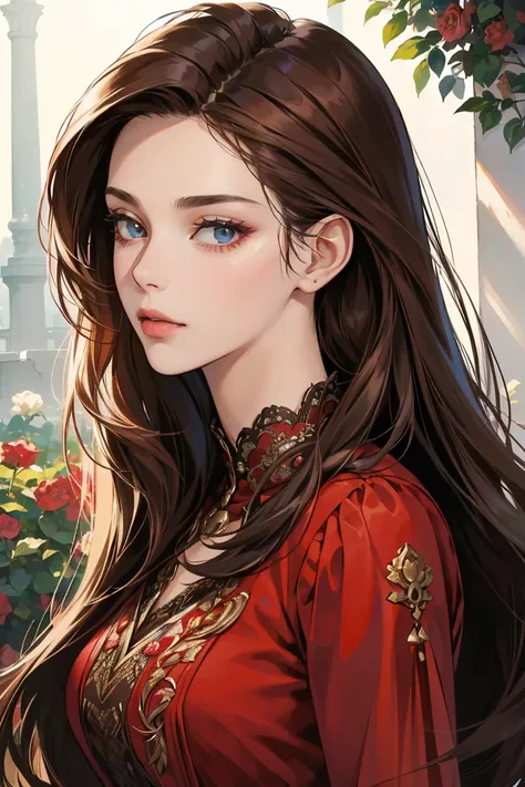 (Masterpiece, Ultra-detailed, Photorealistic, Perfect face, Perfect lines, Perfect eyes, Soft lighting) 1 woman, (Stylish long dark brown hair, Red elegant dress, Elegance look, Confident gaze, 20 years woman:1.3), 1 man, (Black suit, Neat hairstyle, Cool ...