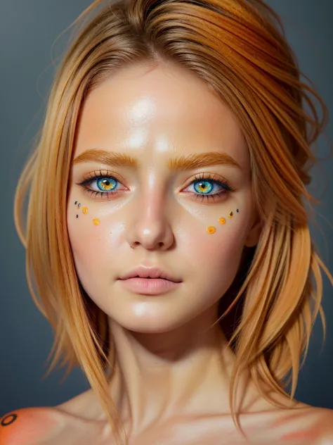 (((masterpiece))), ((( best size : 1.4))), ((super detail: 1.4)) ,  hyperrealistic gouache painting by female Tiefling,  gorgeous exotic features , amber neon eyes:1.5,   orange hair , hyperrealistic facial features,  expressive face ,  detailed textures ,...