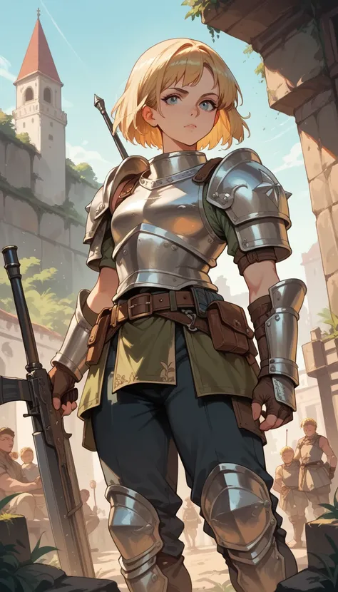 A young girl warrior, armored, tank class, short straight blonde hair, 