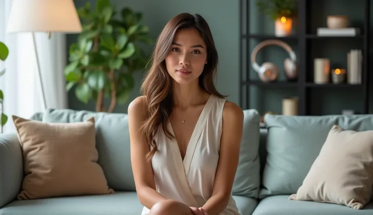 (Wide shot , middle ground, camera shooting at a distance)
clear image, the character is sitting upright in front of the camera : a very beautiful girl is sitting on a modern three-seater sofa decorated with decorative pillows to match the sofa, in the bac...