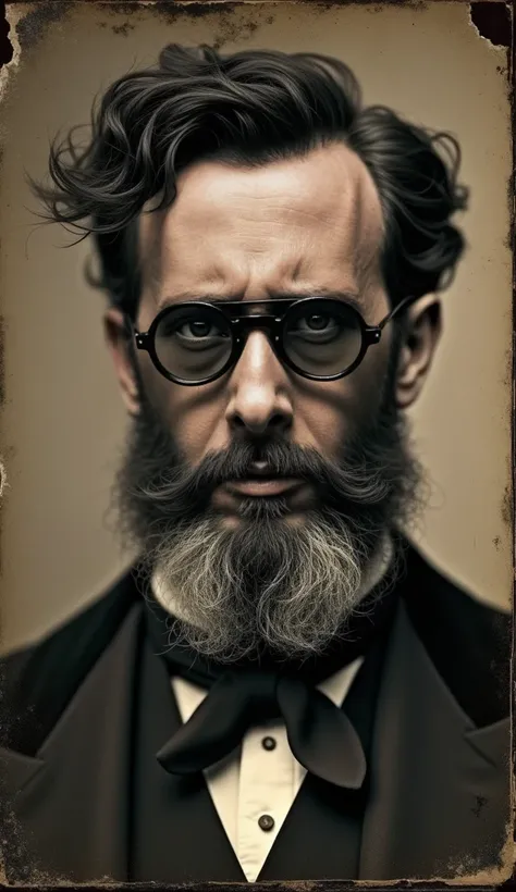 Portrait from chest to head of a man with very short black and messy hair, with a semi-gray growing beard, attached to the face , and with dark steampunk style glasses dressed in a Victorian era style suit, the portrait is an old photo obtained from a dagu...