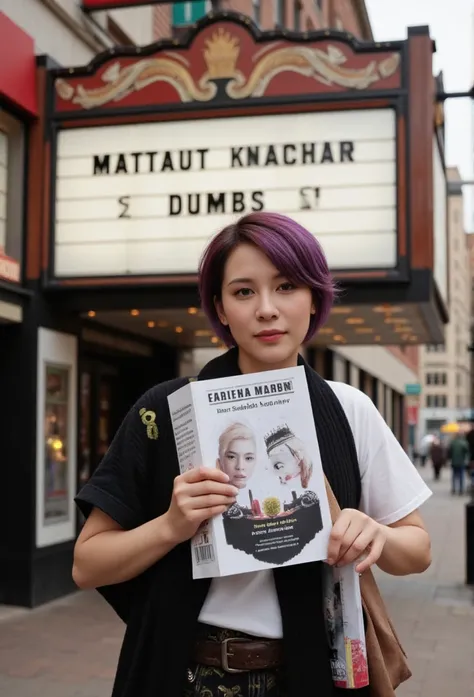 woman in her early 40s, stylish pixie cut with purple highlights, wearing bohemian-style clothing, holding a theater program, standing in front of a vintage theater marquee