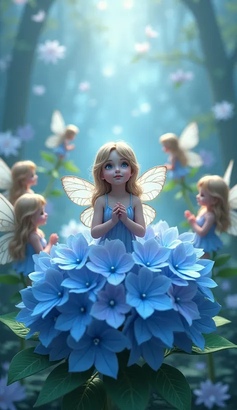 A fairy girl is sitting on a blue hydrangea、 Fairies are folding their hands in front of their chest 、The fairy is looking up at the sky、