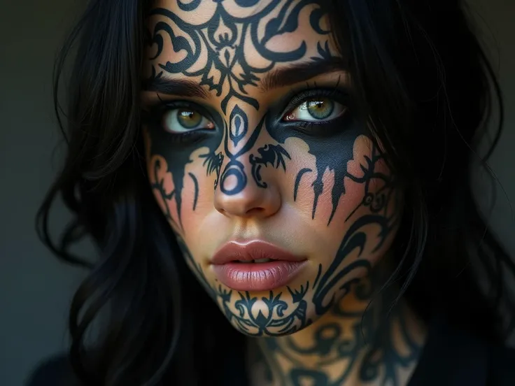 photorealism,  close-up of a beautiful womans face, tattooed all over his face,  whites of the eyes in black ,  black eyes , dressed in black, black hair,  without piercing ,  neutral colors ,  natural skin texture ,  contrasting background , 35mm lens , p...