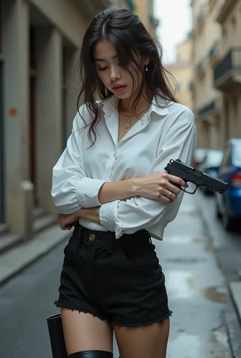 wide depth of field, empty street background, full body image,, fragments, soft feminine royal white shirt for a women, black mini short, black boots, wet hair fluffy hairstyles ,  standing woman posing with a pistol , looking down in deep sorrow highly de...