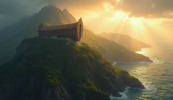 An aerial view of the related ark on top of a mountain surrounded by slowly receding waters, while the sky opens up with rays of golden light, bringing a sense of rebirth
