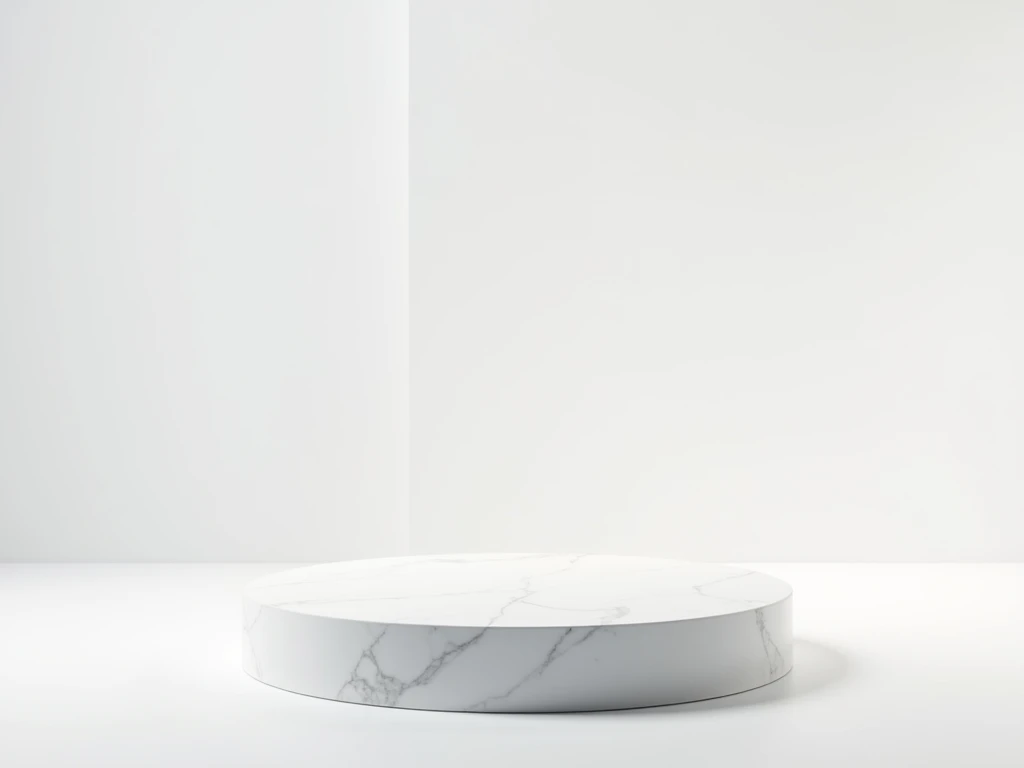 top view of a round white quartz podium on a white background 