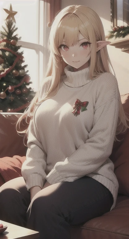 Hylia, 1Girl, playgame, Hylia, red eyes, Long blonde hair, Large display,  Christmas sweater and pants, home, Christmas day, living room, snuggling with viewer, SFW, muted colors