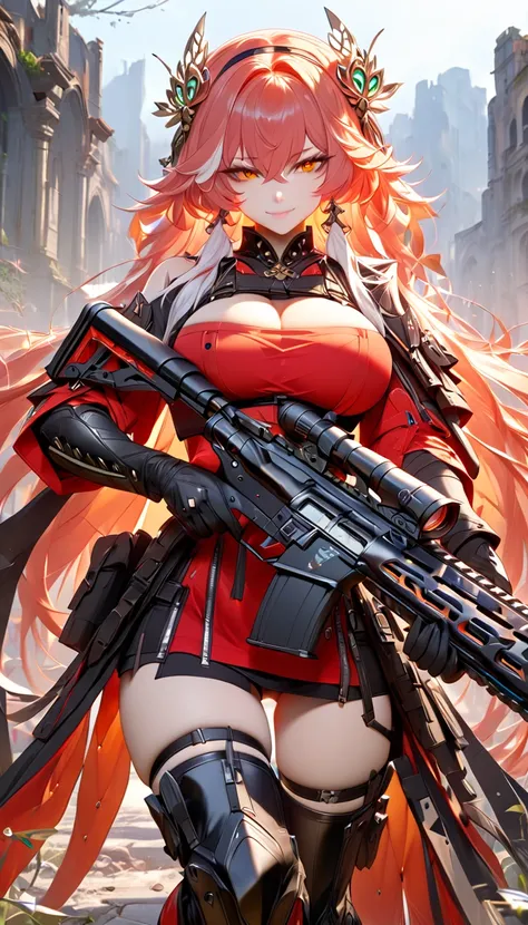 ultra-detailed, 1girl, changli(wuwa), ((masterpiece)), (best quality), (highres), 16K, perfect face, orange eyes, streaked hair, white hair, red hair, bangs, hair between eyes, hairband, wearing tactical clothes, wearing black thong, black gloves, tactical...