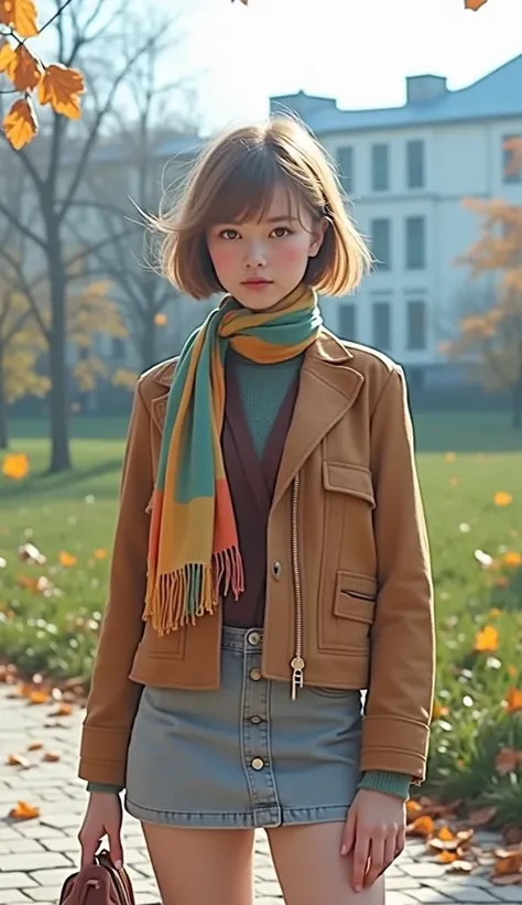 "A realistic image of a young Ukrainian lesbian woman with a bob haircut, standing in full view against the backdrop of a sunny late autumn morning. She is dressed in colorful autumn attire, including a warm coat or jacket with a bright scarf, an elegant s...