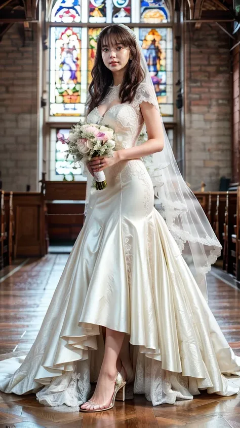 A beautiful young Japanese woman, 26 years old, with healthy thighs, beautiful legs, flawless skin, random hair color and style, large breasts, wearing a (wedding dress:1.3), full body shot, high heels, holding a bouquet in her hands, in a church setting, ...