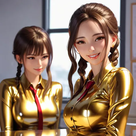 2 woman,  masterpiece, Lens reflection, Reflected light,  buttoned in extremely tight shiny golden latex blouse,  high resolution , Make-up,  seductive smile , Are in school, Necktie,Low double braids ,  brown hair , Bangs, 