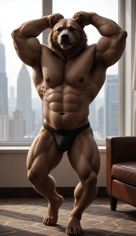 solo, anthro, furry, Mainecoon cat daddy, perfect wide muscular bodybuilder body, big pectorals, (big belly), hairy armpits, naked, ((oily)), pubes,

thong, jockstrap, bulge, topless,

In a hotel room, window, city, day, ((arms behind head, high knees)), d...