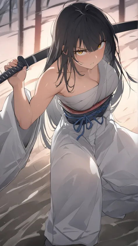 picture of a female samurai with a sword removed from the scabbard , 8k Ultra HD , soft lighting, High Quality , film grain , Fujifilm XT3、最 High Quality , masterpiece, high definition , Samurai Girl, I have a Japanese knife, beautiful posture,M...