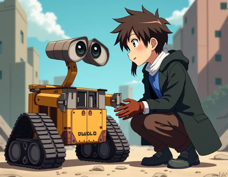 anime boy with,white neck cover,dark gray shoes,blue shirt,dark brown hair with long sideburs,black long jacket,brown gloves,dark brown pants,brown eyes,aviator glasses on his FORHEAD he meets wall.e