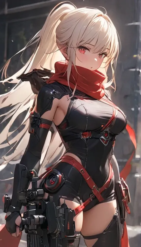 (Female Ninja Cruel Mecha: 1.3, Full body covering mechanism, Heavy AWP on your back,  DSLR ,  Light Tracing, 3d,  concept art,  action painting,  Film Lighting ,  chiaroscuro) :(1.3).  Highlight the curve of your chest ,  long white ponytail hair that acc...