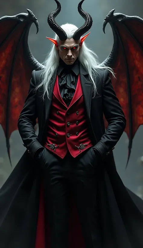 A tall guy with long, white hair and red eyes. On his head are two twisted black horns, and on his back are black wings, like a bat. He is dressed in a black and red aristocratic suit, with a long jacket. 