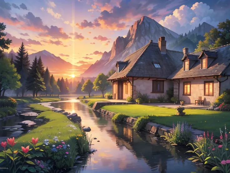 A serene landscape at sunset with a tranquil lake surrounded by quaint cottages, where a diligent artist paints a beautiful euphoria-filled scene. Nearby, a resilient tree stands tall against a gentle breeze, while a benevolent old man tends to a small gar...