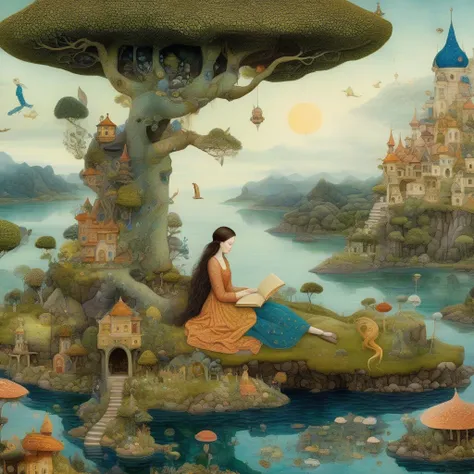 Patchwork by Klimt, Nicoletta Ceccoli, Naoto Hattori, Catrin Welz-Stein, Leonora Carrington of wide shot of a woman sitting on a small island, engrossed in a book, surrounded by enchanting elements. Other small islands feature (majestic) dragons, whimsical...