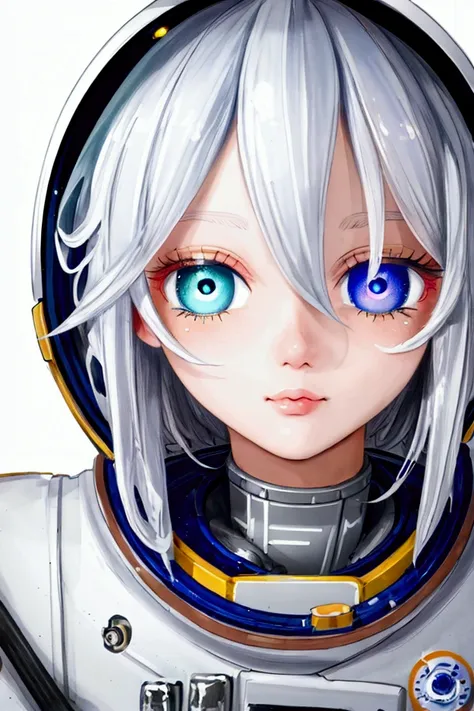 (A masterpiece of better quality in close-up:1.5)0.9], (space and astronaut:1.2) ( Messy silver hair:1.1) (yellow eyes with heterochromia and blue eyes:1.2) (Space helmet:1.0) ( Colored stars in the eyes:1.0) ( Radiant Light:1.1) ( big lips:0.9)