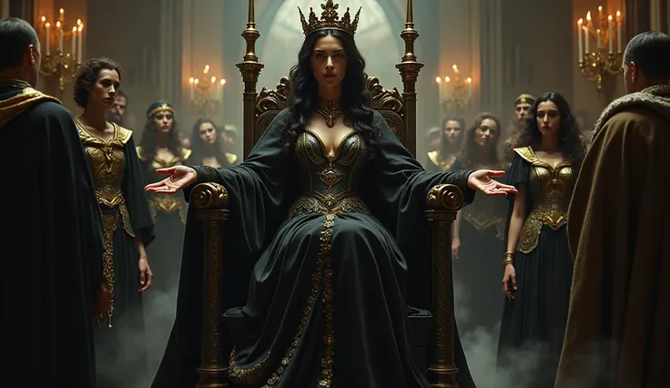 Create a dark and symbolic image depicting the influence of Jezebel leading the church into idolatry and sexual immorality. Jezebel should be portrayed as a regal and seductive figure dressed in opulent, dark attire, exuding an aura of power and corruption...