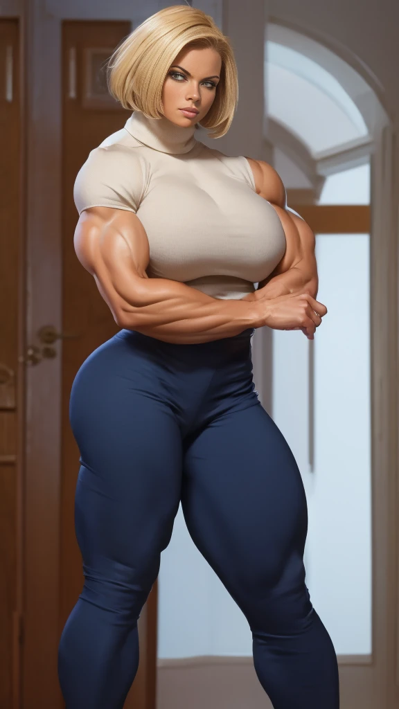 coloured sketch, beautiful woman, blonde bob haircut, turtleneck sweater, long baggy pants, strong well defined muscle, bulky powerful bodybuilder physique, massive muscular arms, perfect and flawless musculature, great muscle definition, perfect muscular ...