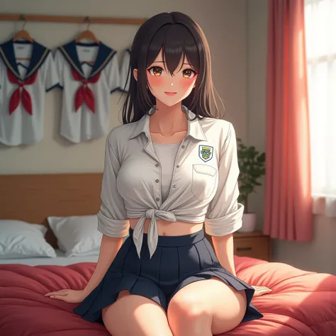 A beautiful cutie big breasts(((voluptuous curves,radiance skin)))lovely(((Japanese schoolgirl))) confidently (((made))) a fashion statement after school, in her bright warm light cozy bedroom, by tying the bottom hem of her bright white uniform shirt. Her...