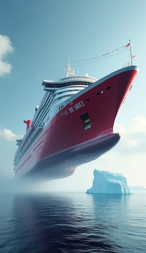 A Giant Ship Dropping Into The Sea Water , Hanging In The Air Over Sea Water, A Giant Giant Cruise Ship In The Air Over Sea Water, A Beautifull Austhetic Red Colour Grading View , Glaxier, 