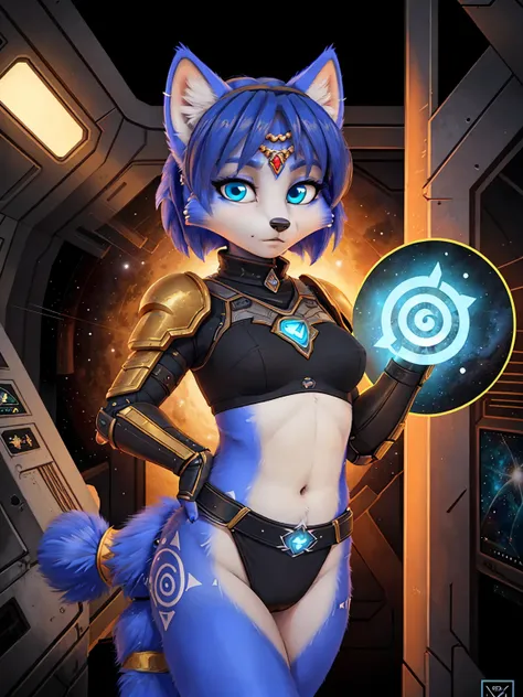 a picture of ((krystal)), Star Fox-Krystal, lovable, green eyes, ((( long blue hair 1 .3))), Decollete, anthro, Fuzzy,  detailed Fluffys fell,  detailed face , (Fluffy), Alone,  Pixie Haircut .  blue eyes . kühnes Outfit. goth Tomboy. girlish grace.  Space...