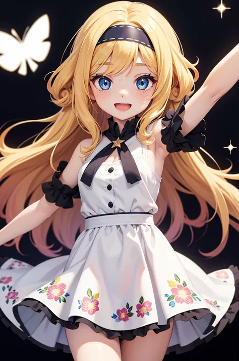 1girl, Solo, Long Hair, Blonde Hair, Parted Bangs, Curly Hair, Breasts, Smile, Blue eyes, Simple background, Cowboy Shot, Black Hairband, Sparkle, Anime Style, white dress, floral print, freckles, Looking at viewer, Open Mouth, 