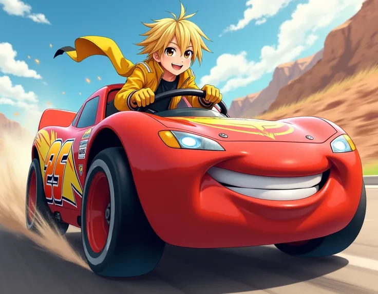 anime boy with,blond hair,brown eyes,yellow pants,yellow jacket,black shirt,brown boots,yellow gloves he drives lightning mcqueen