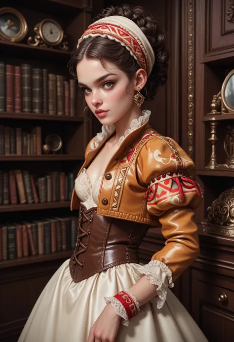 poised scholar with short coiled hair and a silk turban, wearing a brocade jacket with lace cuffs and glowing tribal motifs, very small breasts, against a backdrop of towering Victorian bookshelves