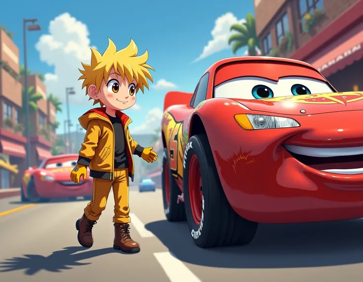 anime boy with,blond hair,brown eyes,yellow pants,yellow jacket,black shirt,brown boots,yellow gloves he meets lightning mcqueen