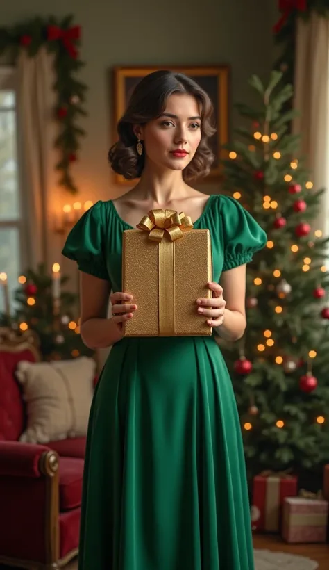 "A vintage-style woman in an emerald green flared dress, her hair in classic waves, holding a large gift with a gold ribbon. The background is an old room decorated with traditional Christmas elements such as pine trees and candles."