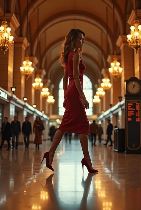 A video showcasing a woman walking confidently through a luxurious train station, wearing elegant stiletto heels. The camera captures her from various angles: a front view highlighting her poised and graceful stride, a side view emphasizing the sleek motio...