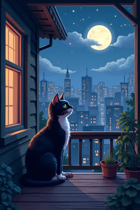  A black cat mixed with white on the porch of a house looking at the city at night.  night. lua. Cat. houses. buildings.  clouds. (PAINTING STYLE, 2D)(animation pixel style )