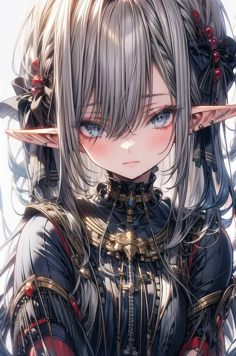  elf girl 、 Silver Hair、Grey Eyes、 best quality、A calm face、 closes her mouth