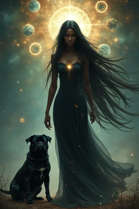 Slim and dark woman with straight and long hair connected to the earth to God and the universe together with a black pug dog 