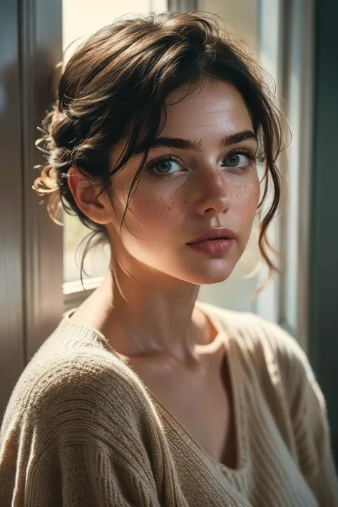 "A photorealistic (1.4) portrait in UHD resolution, showcasing an ultra-realistic and highly detailed depiction of a woman. Her facial and skin textures are intricate, with sharp focus highlighting every fine detail. Her eyes are expressive, her full natur...