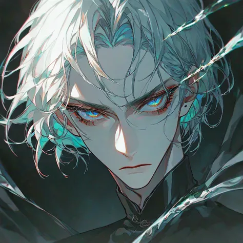 1boy. Light blue hair. Light blue eyebrows. Light blue eyelashes. Dark blue eyes. Long bob.  chromatic_aberration. solo. gloomy_background. korean manhwa style. beautiful_eyes. contrasting_glare.