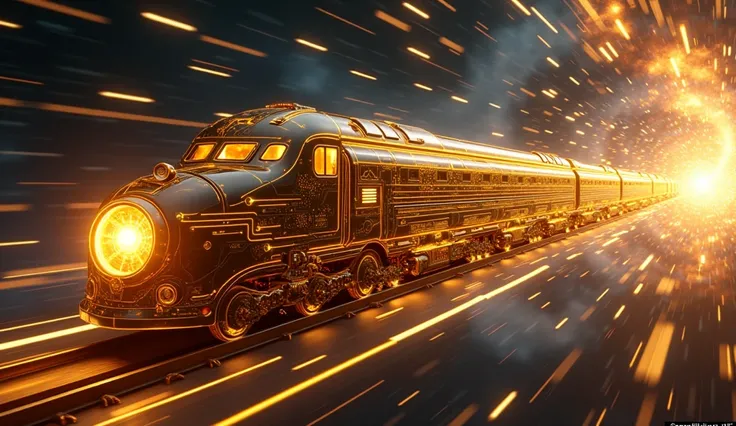 cosmic train, golden streamlined locomotive, floating in space-time void, cyberpunk aesthetics, glowing circuit patterns, temporal distortion effects, space-time vortex swirls, motion blur trails, neon energy streams, futuristic art deco design, cosmic ene...