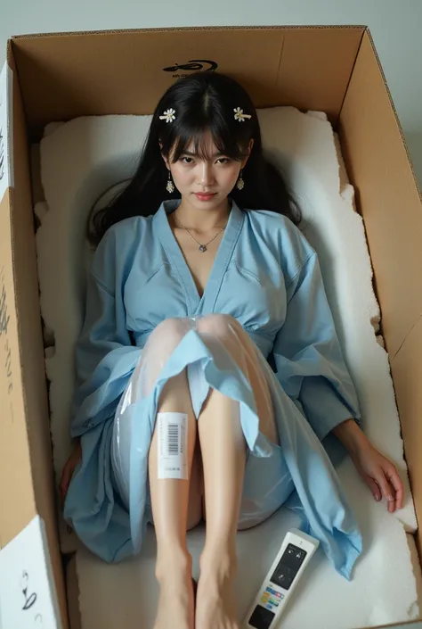 Imagine a beautiful adult Japanese girl with black hair tied in a traditional way with chopsticks, Beautiful and realistic face, in blue yukata dress, Barefoot, cold look, with earrings and necklace, that is covered in plastic, sitting inside a cardboard b...