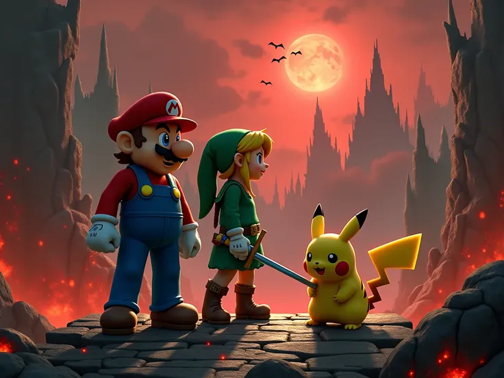 Create me an image with Mario , Link and Pikachu with a Diablo game background