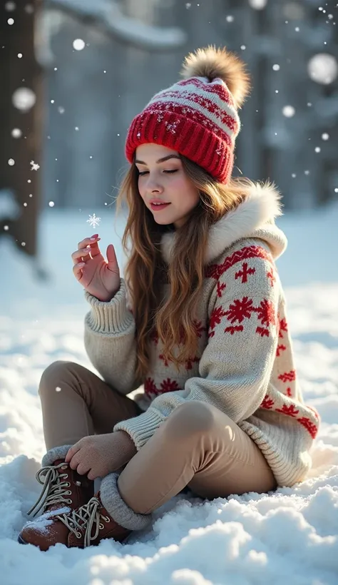 A charming  sitting in the snow, wearing a thick sweater with a festive pattern, trousers, a red hat trimmed with white fur, with a pompom, lace-up shoes, catching snowflakes in her hand, in a winter landscape, vivid and detailed