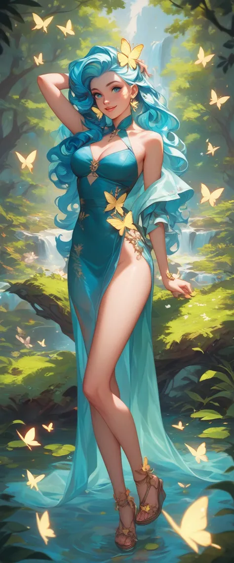 Intimate  blue and light blue color hair woman, nature in the background, emphasis on depth, ultra-high definition of facial expressions and surrounding elements, subtle pastel tones and elegance, 8k, full side body, stand-up ,   tits , How to stay calm, a...