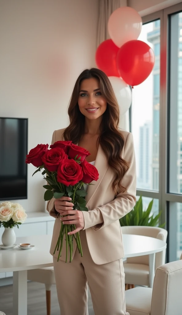  Dominican woman with Latina roots ,  brown hair ,  blue eyes , in the apartment,  all white decorated , TV,white sofa ,  table white and chairs with white roses on the table,  the apartment with lots of helium balloons in red ,  sweatpants beige , Beige b...