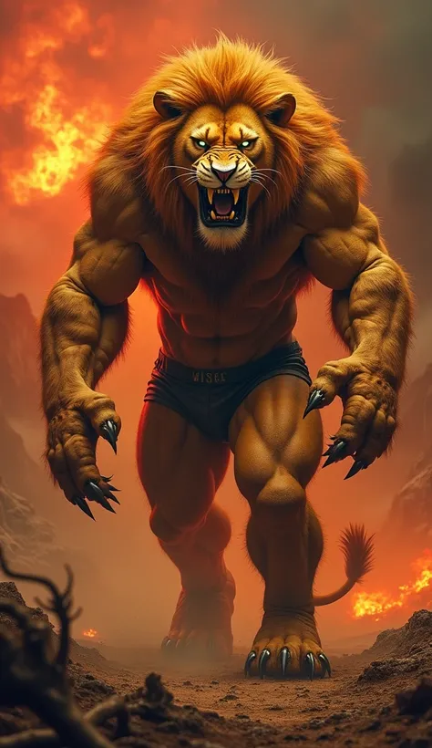 A monstrous hybrid of a gymman and a lion, combining the most fearsome traits of both. The creature has a lion’s majestic mane framing a partially human face with feral, glowing eyes and sharp, elongated fangs. Its body is muscular and humanoid, covered in...