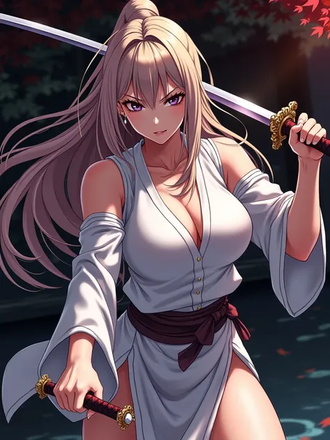 Physically fit woman with long blond hair wearing an Anime version katana 