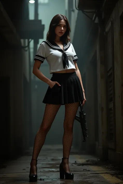 A beautiful detailed girl in a sailor uniform, pleated skirt, fishnet stockings, high heels, holding a machine gun, assassin, (best quality,4k,8k,highres,masterpiece:1.2),ultra-detailed,(realistic,photorealistic,photo-realistic:1.37),dramatic lighting,dark...